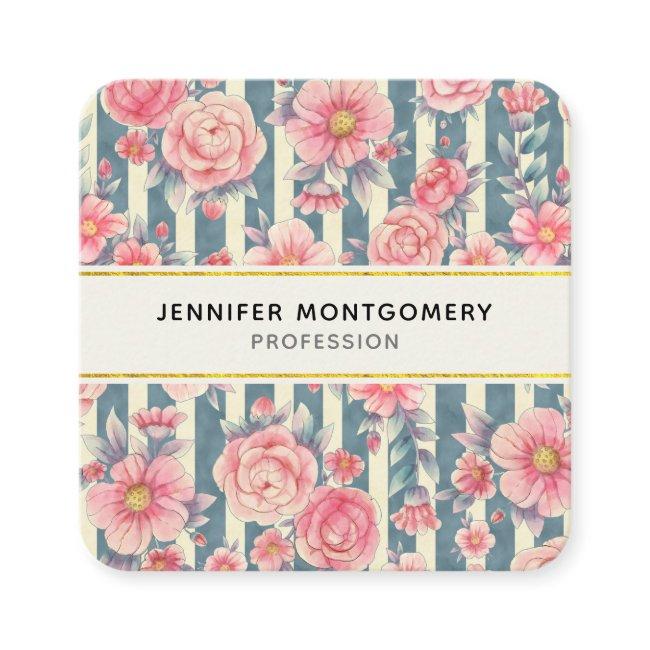 Pink Watercolor Flowers on Stripes Square