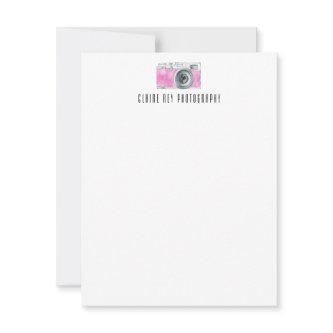 Pink Watercolor Retro Camera Photographer Logo Note Card