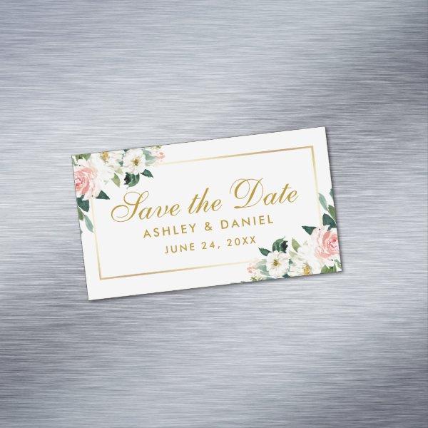 Pink White Floral Save The Date Mini Magnet