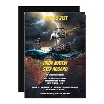 Pirate high seas chase ghost ship map theme invitation