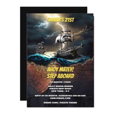 Pirate high seas chase ghost ship map theme invitation