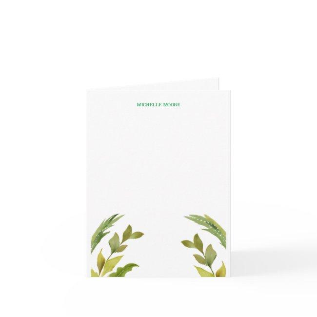 Plain Modern Minimalist Name Floral Greenery Note Card