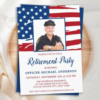 Police Retirement Party Photo USA American Flag  Invitation
