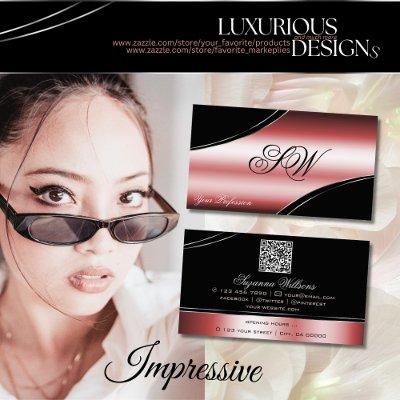 Precious Black Red Curved Lines Monogram QR Code