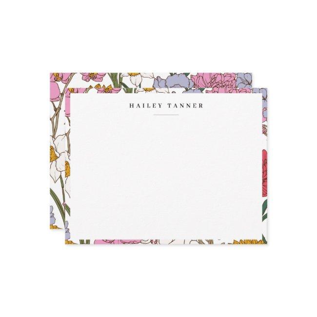 Pretty Colorful Flower Pattern Border Flat Note Card