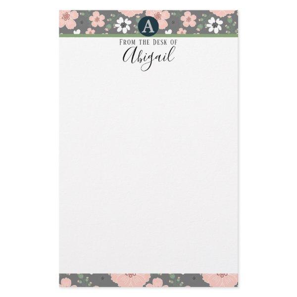 Pretty Pink Floral Monogram Fancy Script Stationery