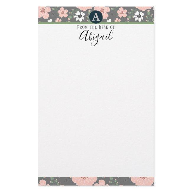 Pretty Pink Floral Monogram Fancy Script Stationery