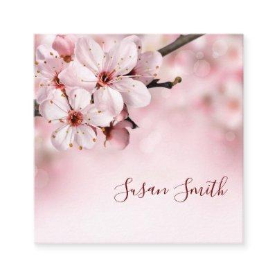 Pretty Pink Floral Script Feminine Cherry Blossoms Square