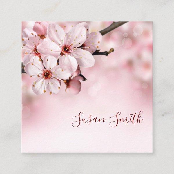 Pretty Pink Floral Script Feminine Cherry Blossoms Square
