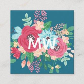 Pretty Rose Bouquets - Teal & Pink - Monogram Square