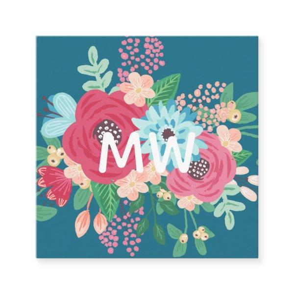 Pretty Rose Bouquets - Teal & Pink - Monogram Square