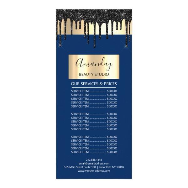 Price List Hair Makeup Lashes Nail Drips Blue Navy Rack Card