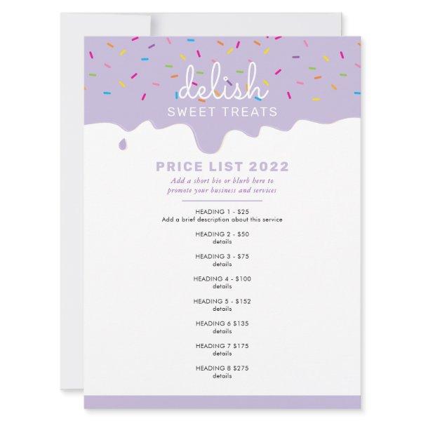 PRICE SERVICE LIST frosting drip sprinkles purple Invitation