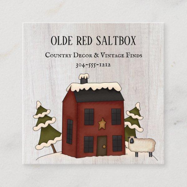 Primitive Country Rustic Red Winter Saltbox Sheep Square