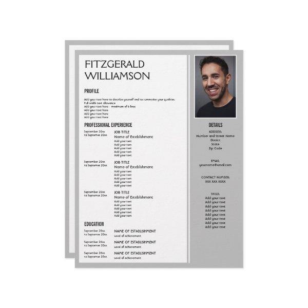 Professional Gray Custom Photo RESUME  Letterhead