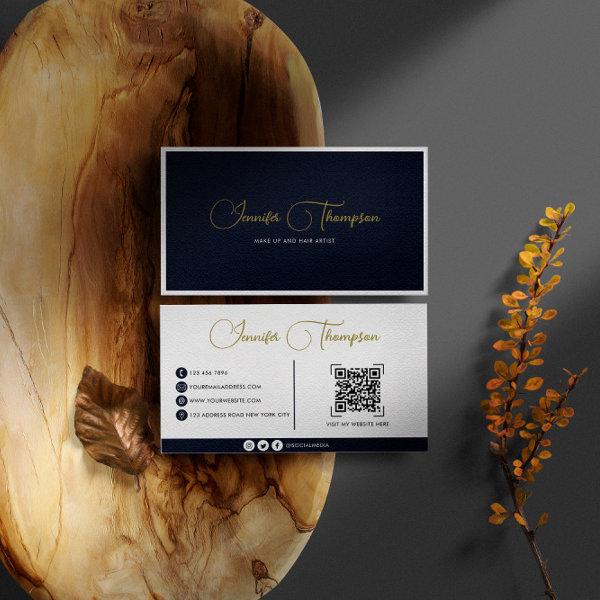 Professional Navy Blue and Gold Script QR Code