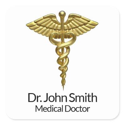 Professional Precious Medical Gold Caduceus Square Sticker