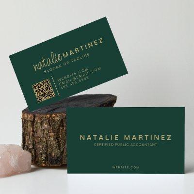 Professional QR Code Emerald Green Gold Script