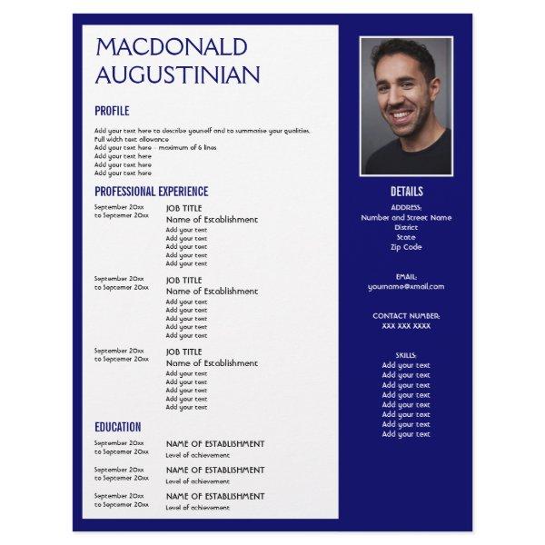 Professional RESUME TEMPLATE | Custom Photo BLUE Letterhead