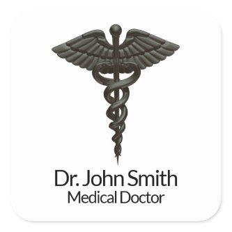 Professional Simple Medical Caduceus Black White Square Sticker
