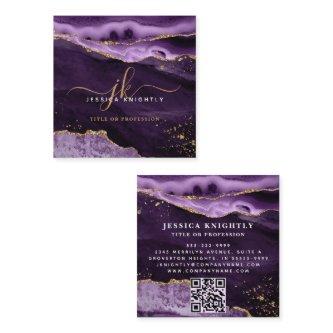 Purple Agate Gold Glitter Script Monogram QR Square