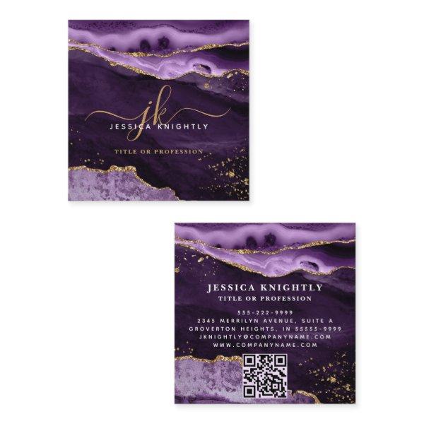 Purple Agate Gold Glitter Script Monogram QR Square