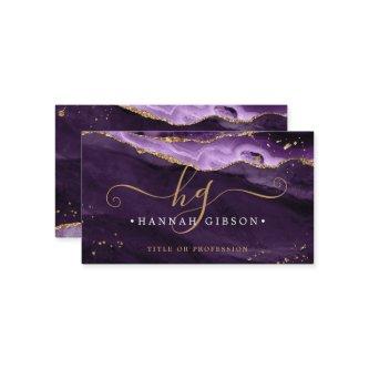 Purple Agate Script Monogram Faux Gold Glitter