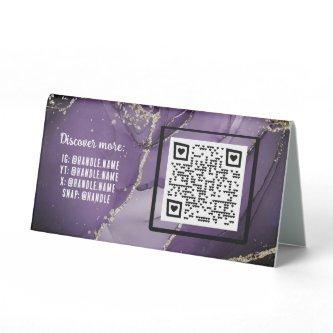 Purple Alcohol Ink Business QR code Social Handles Table Tent Sign