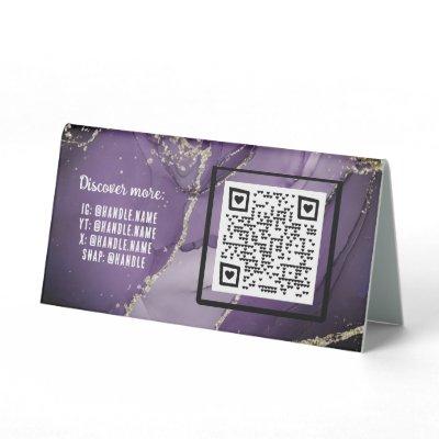 Purple Alcohol Ink Business QR code Social Handles Table Tent Sign