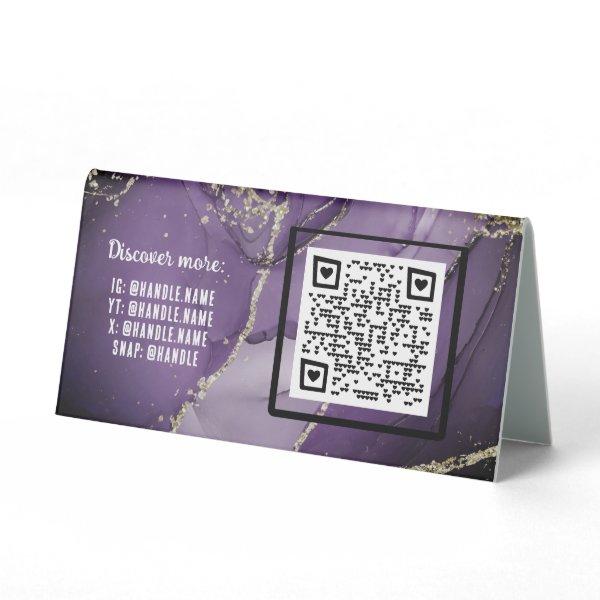 Purple Alcohol Ink Business QR code Social Handles Table Tent Sign