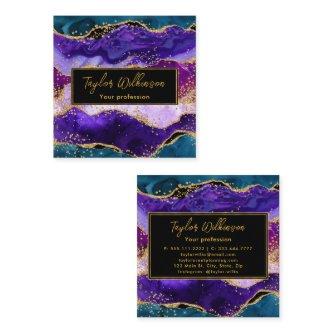 Purple and Blue Peacock Faux Glitter Agate Square