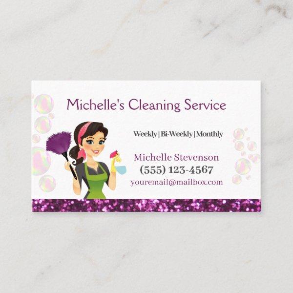 Purple Glitter Cartoon Maid House Cleaning Service