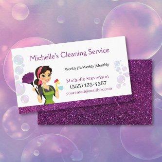Purple Glitter Cartoon Maid House Cleaning Service