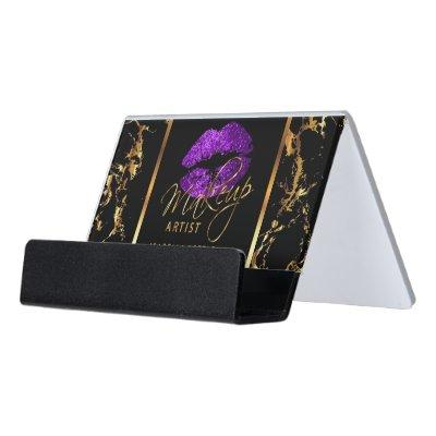 Purple Glitter Lips on Gold & Black Marble Desk  Holder