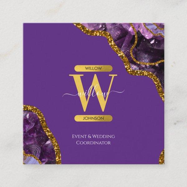 Purple & Gold Agate Geode Glitter Monogram Marble  Square