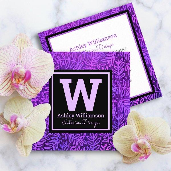 Purple monogram leaf pattern botanical bold modern square