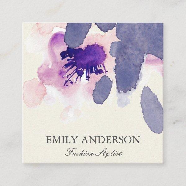 PURPLE PINK BLUE INK WASH WATERCOLOR FLORAL SQUARE