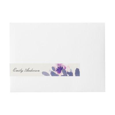 PURPLE PINK BLUE INK WASH WATERCOLOR FLORAL WRAP AROUND ADDRESS LABEL