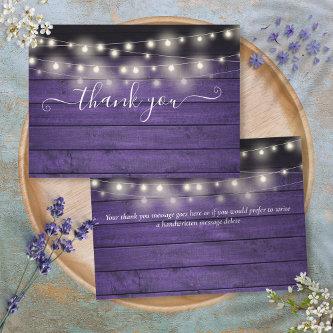 Purple Rustic Wood String Lights Script Wedding Thank You Card