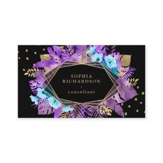 Purple Tropical Gold Leaves on Black | Geometric