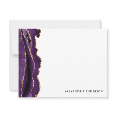 Purple Violet Agate Gold Glitter Glam Marble Geode Note Card