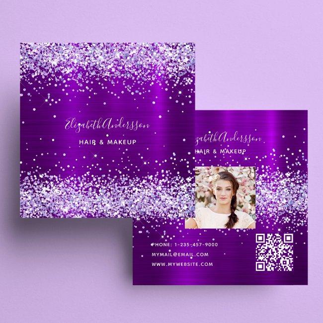 Purple violet glitter photo qr code square