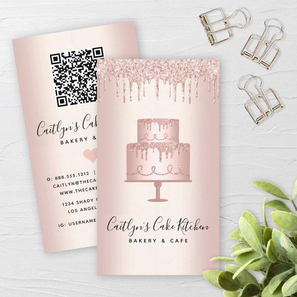 QR Code Bakery Cake Rose Gold Glitter Drip Dessert