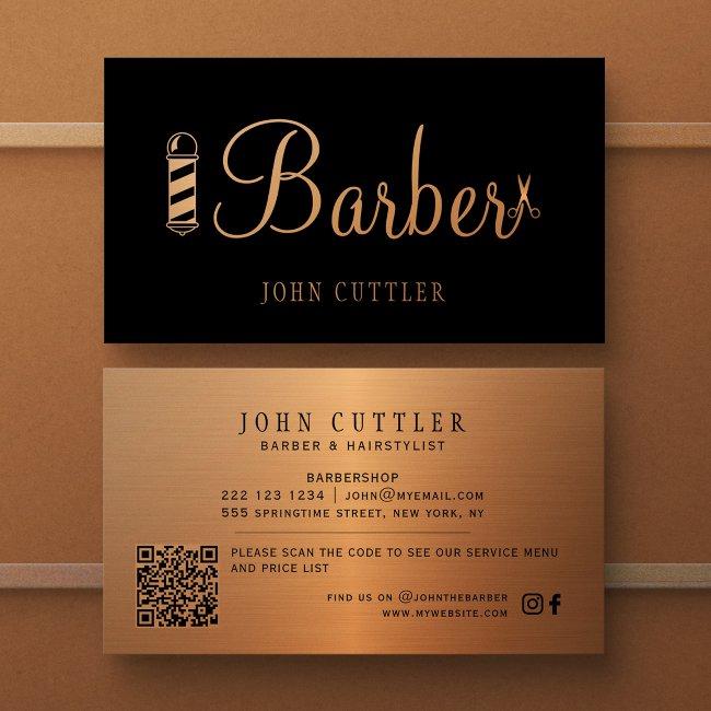QR CODE barbershop black gold barber pole scissors
