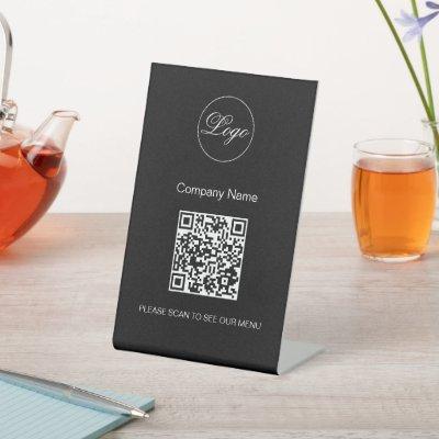 QR Code Black Cafe Menu Logo Modern Black Pedestal Sign