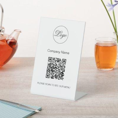 QR Code Black Cafe Menu Logo Modern White Pedestal Sign