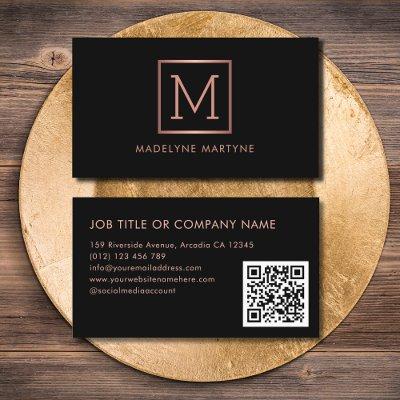 QR Code Black Rose Gold Monogram Elegant