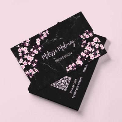 QR Code | Cherry Blossoms Pink Black Marble