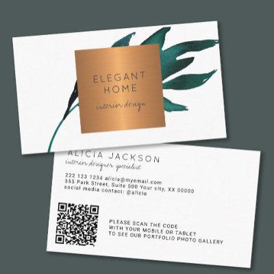 QR CODE chic blue leaf glam gold interior designer