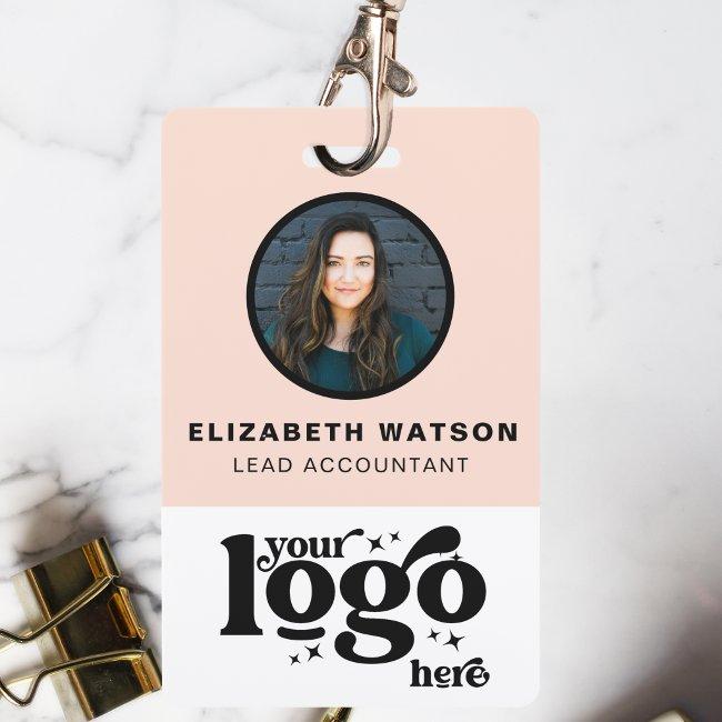 QR Code Company Logo Blush Pink Photo Employee ID Badge